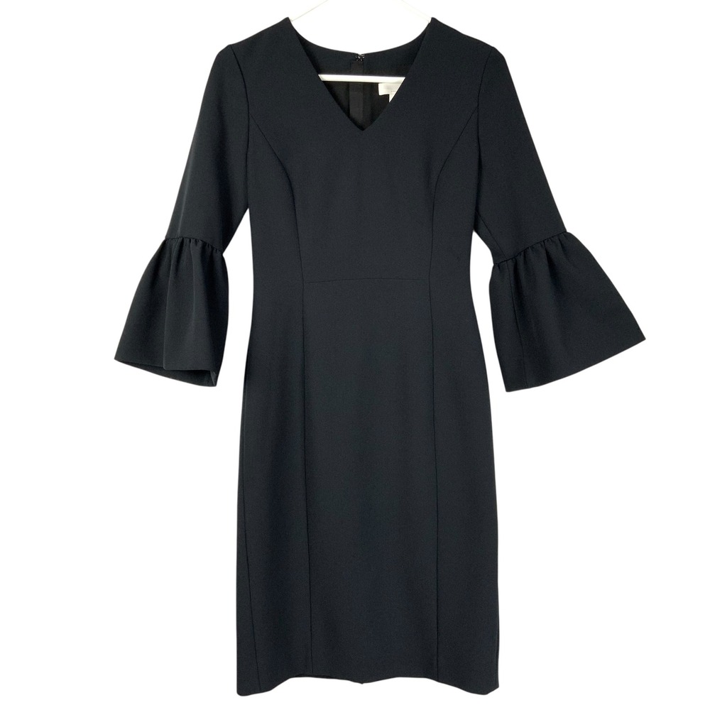 Emerson Rose Black Sheath Dress 0 Zipper V-Neck 3/4 Bell Sleeve Ruffle Cuff